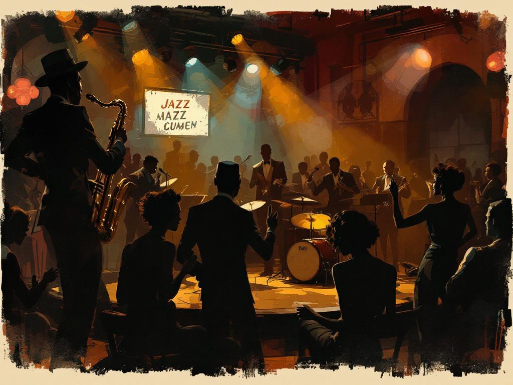 Das Bild zeigt eine typische Jazzclub-Szene der 1930er–1940er Jahre mit einer gemischtrassigen Big Band auf der Bühne und einem Publikum, das die Musik genießt. Die Stimmung vermittelt sowohl die Freude an der Musik als auch die gesellschaftlichen Spannungen der Zeit.