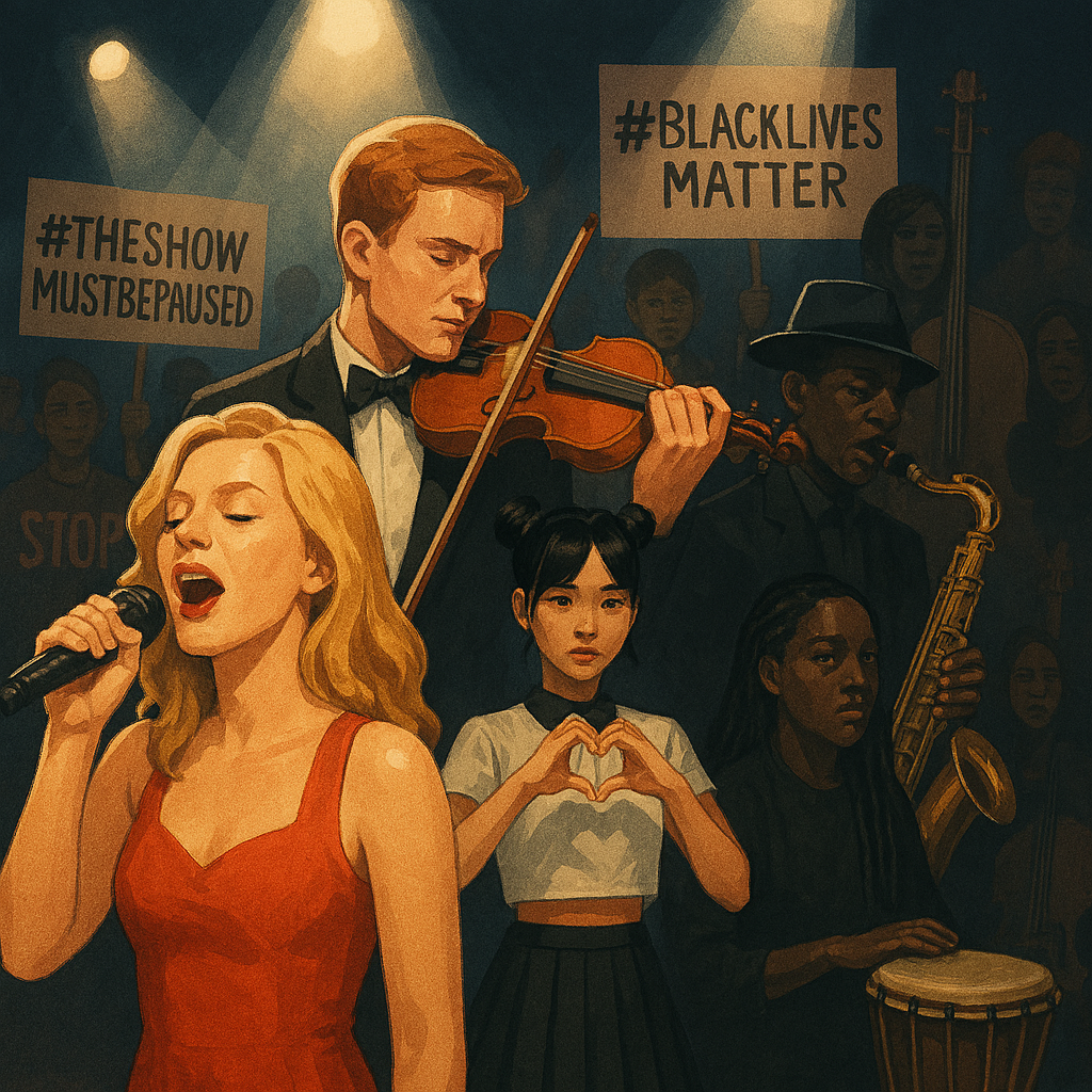 Eine moderne, realistische Illustration, die eine diverse Gruppe von Musiker:innen aus verschiedenen Genres (Pop, Klassik, K-Pop, Jazz) auf einer globalen Bühne zeigt. Im Vordergrund stehen weiße Künstler:innen im Rampenlicht, während Künstler:innen of Color im Schatten oder am Rand positioniert sind – als Symbol für strukturelle Benachteiligung und kulturelle Aneignung. Im Hintergrund könnten Protestschilder, Hashtags wie #BlackLivesMatter oder #TheShowMustBePaused und eine Mischung aus traditionellen und modernen Instrumenten zu sehen sein. Der Fokus liegt auf dem Spannungsfeld zwischen Sichtbarkeit und Ausgrenzung.